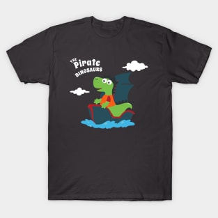 Vector illustration of dinosaur pirate on a ship at the sea T-Shirt